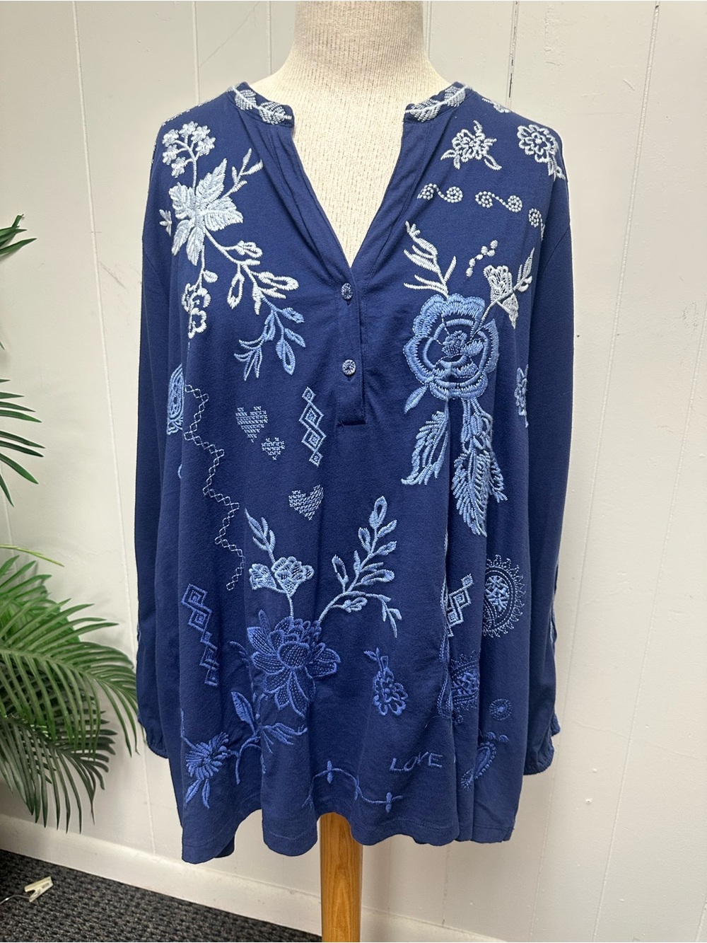 Johnny Was Embroidered Navy Floral Top